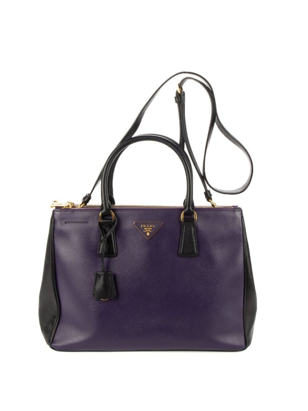 Prada Large Double Zip Galleria Tote Bag Purple Black Saffiano Luxe Leather